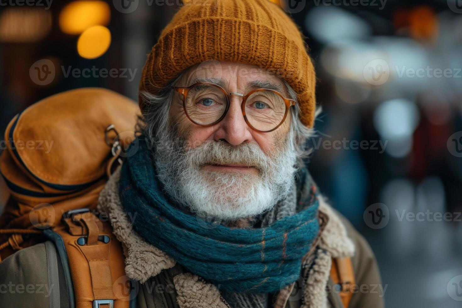 AI generated An elderly man is a traveler with a backpack in the autumn in the forest photo