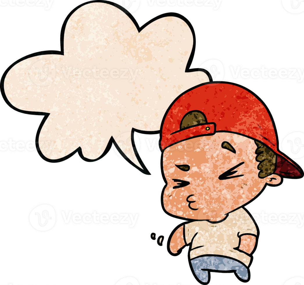 cartoon cool kid with speech bubble in retro texture style png