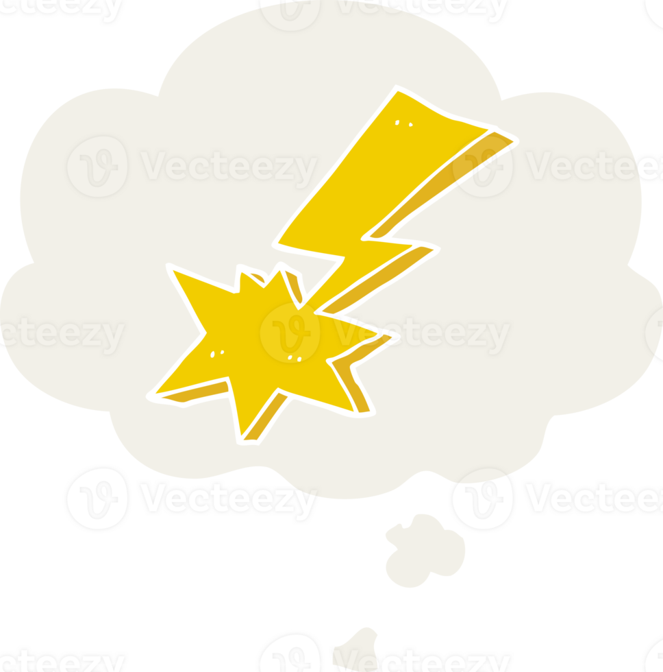 cartoon lightning bolt with thought bubble in retro style png