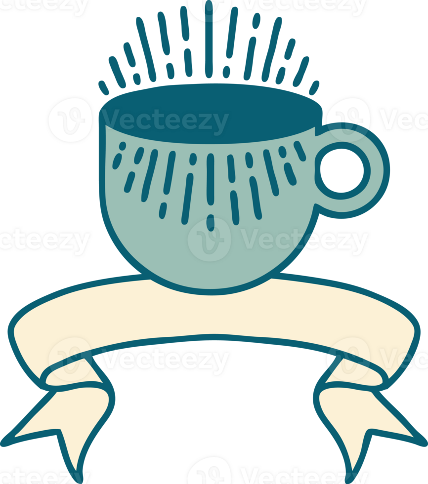 traditional tattoo with banner of cup of coffee png