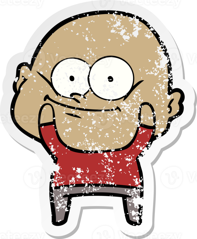 distressed sticker of a cartoon bald man staring png