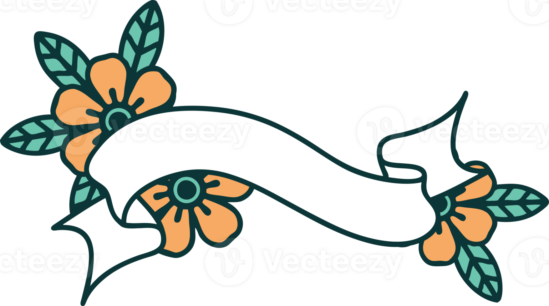 iconic tattoo style image of a banner and flowers png