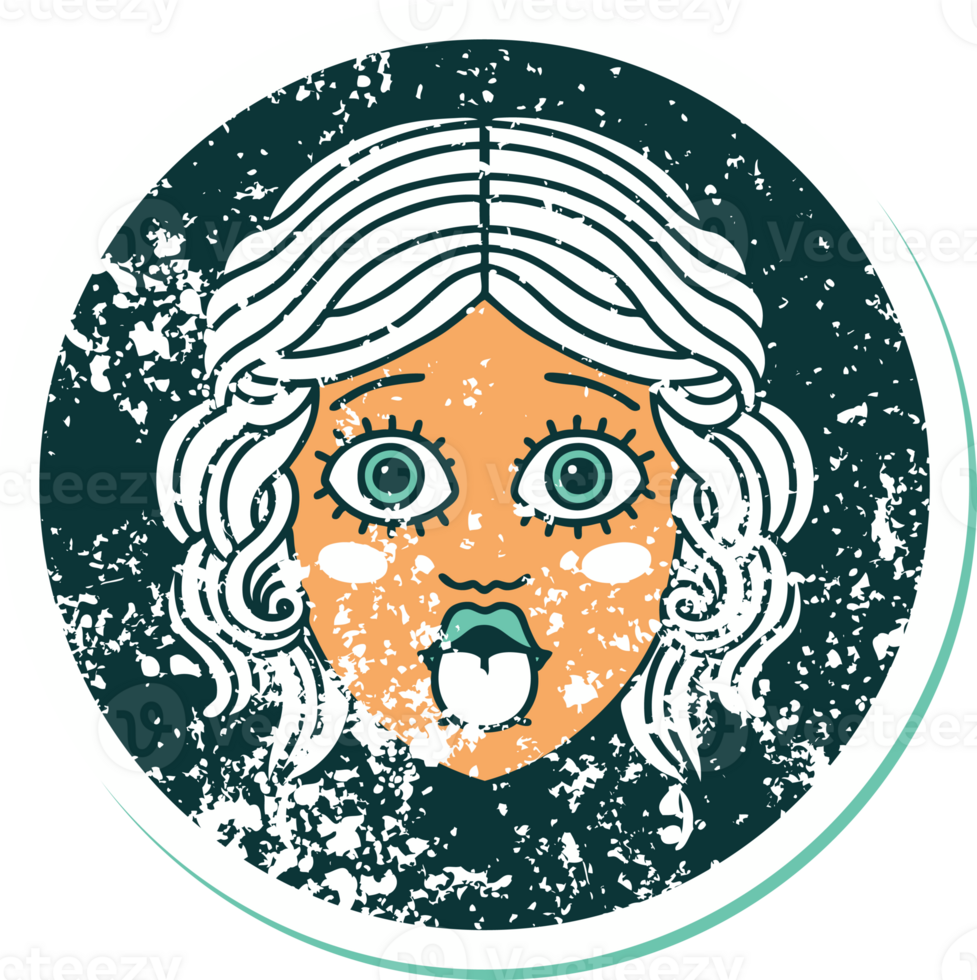iconic distressed sticker tattoo style image of female face sticking out tongue png