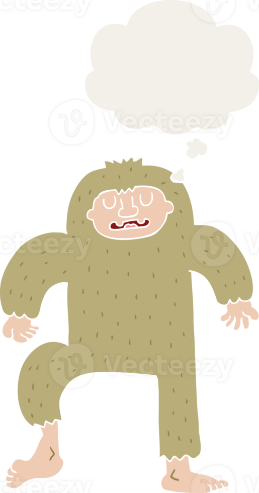 cartoon bigfoot with thought bubble in retro style png