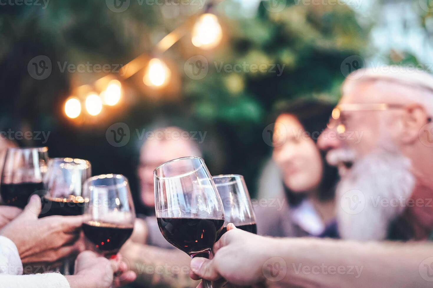 contento familia comiendo y Bebiendo rojo vino a cena parilla fiesta al aire libre - maduro y joven personas aplausos y tostado con Copa de vino en techo - alimento, bebida y fin de semana estilo de vida ocupaciones foto