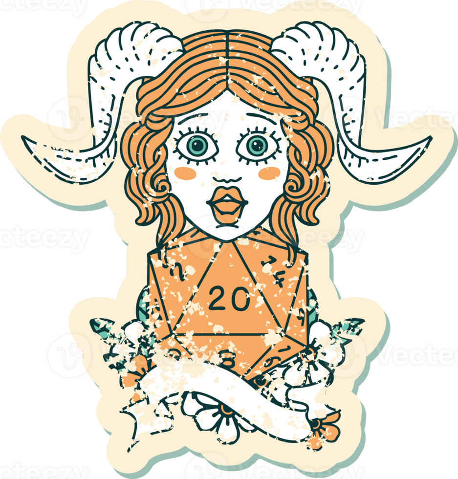 Retro Tattoo Style tiefling with natural twenty dice roll png