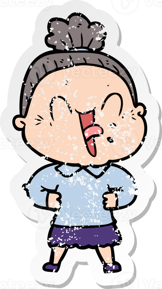 distressed sticker of a cartoon happy old woman png