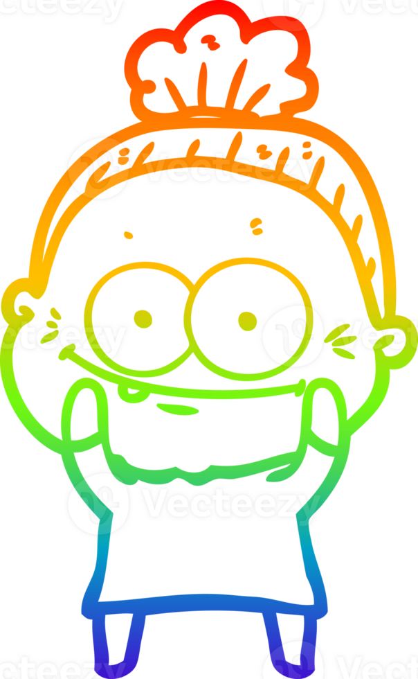 rainbow gradient line drawing of a cartoon happy old woman png