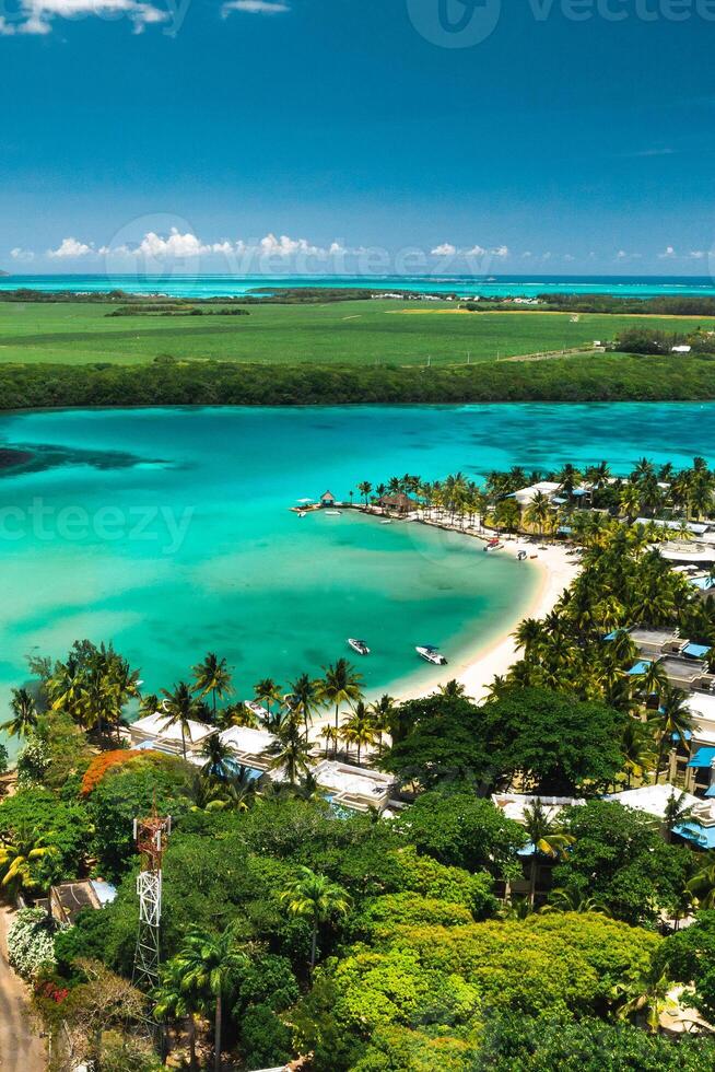 View from the height of the east coast of the island of Mauritius in the Indian Ocean. Beautiful lagoon of the island of Mauritius, photo