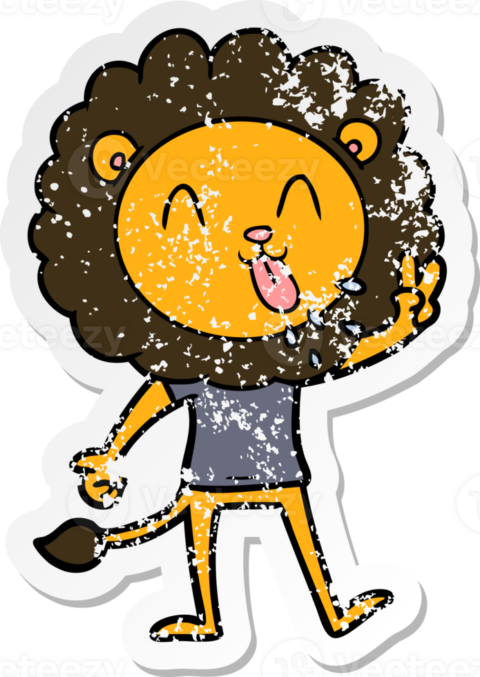 distressed sticker of a happy cartoon lion png
