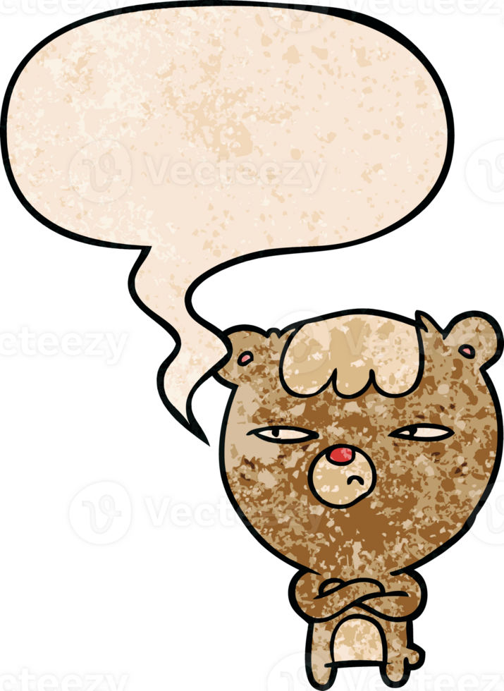 cartoon annoyed bear with arms crossed with speech bubble in retro texture style png