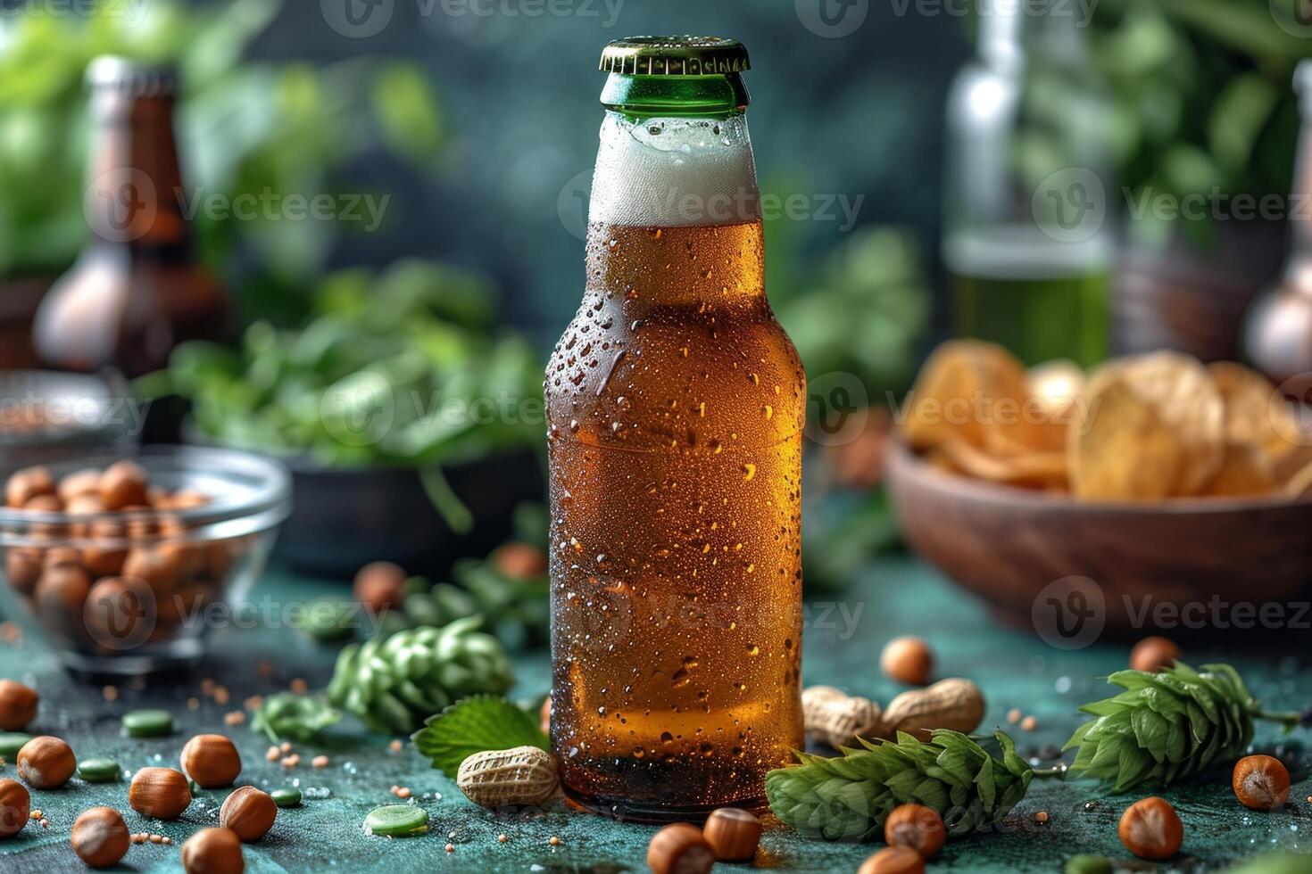 AI generated Realistic beer bottle with golden bubbles on the background with snacks. A refreshing drink without a label photo