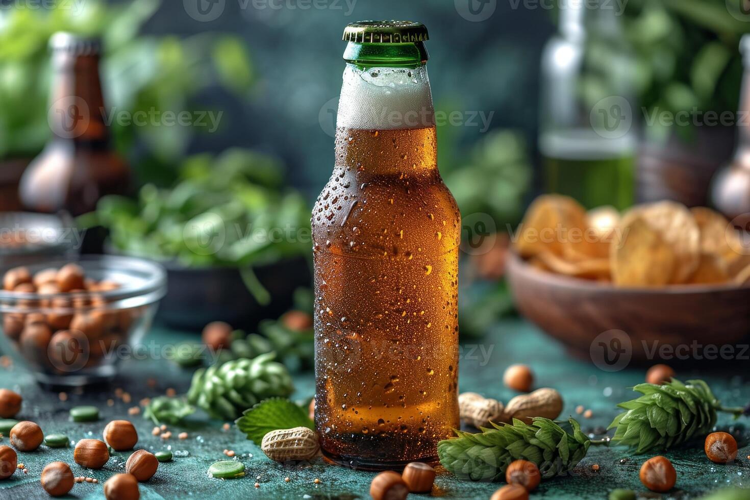 ai generado realista cerveza botella con dorado burbujas en el antecedentes con meriendas. un refrescante bebida sin un etiqueta foto