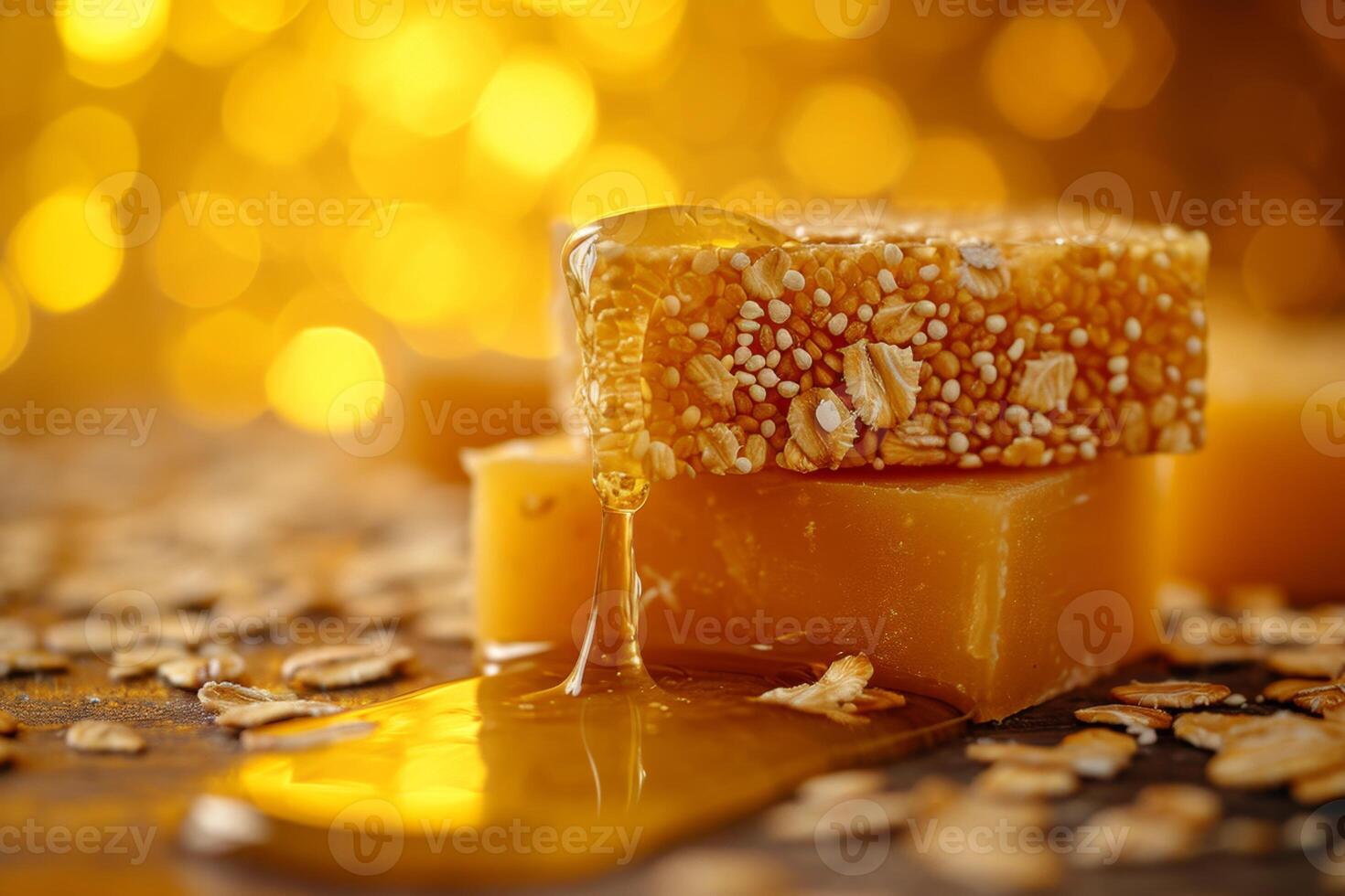AI generated Handmade soap with honey and oatmeal on the table photo