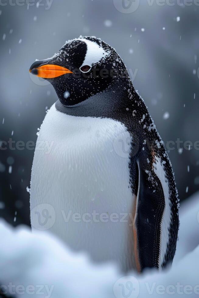 AI generated A penguin walks on the beach in winter photo
