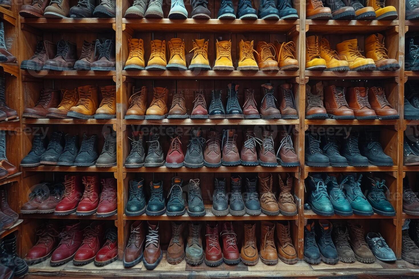 AI generated A wall with shoes inside the store. There are many different shoes on the shelves photo