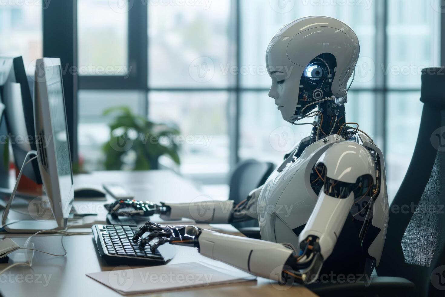 AI generated A robot working at a computer in the room. The IT team of the future. Futuristic worker photo