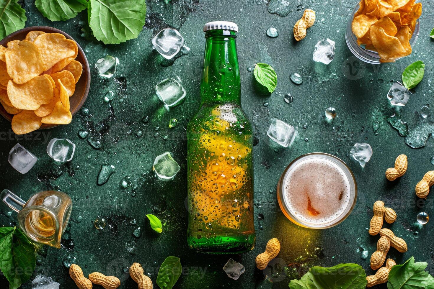 AI generated Realistic beer bottle with golden bubbles on the background with snacks. A refreshing drink without a label photo