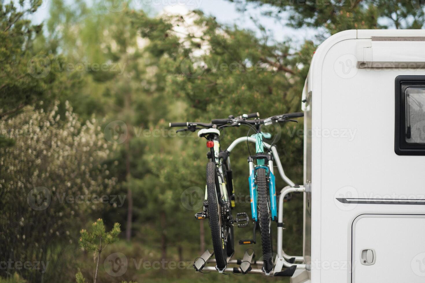 Bicycles are mounted on the motorhome. The concept of travel photo