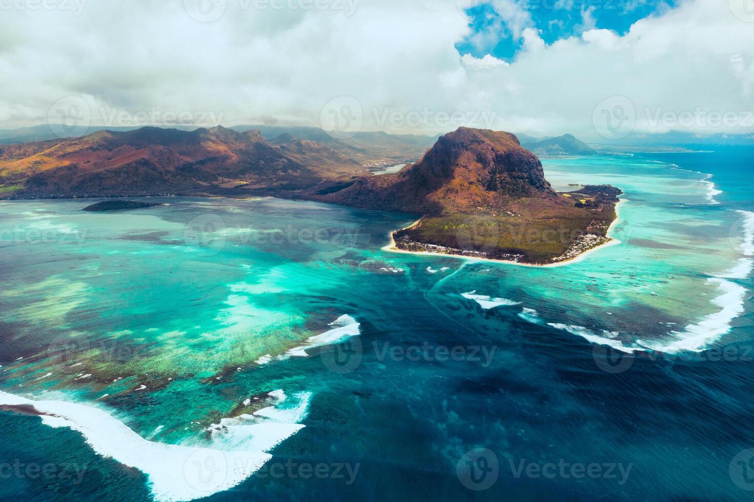 A bird's-eye view of Le Morne Brabant, a UNESCO world heritage site.Coral reef of the island of Mauritius photo