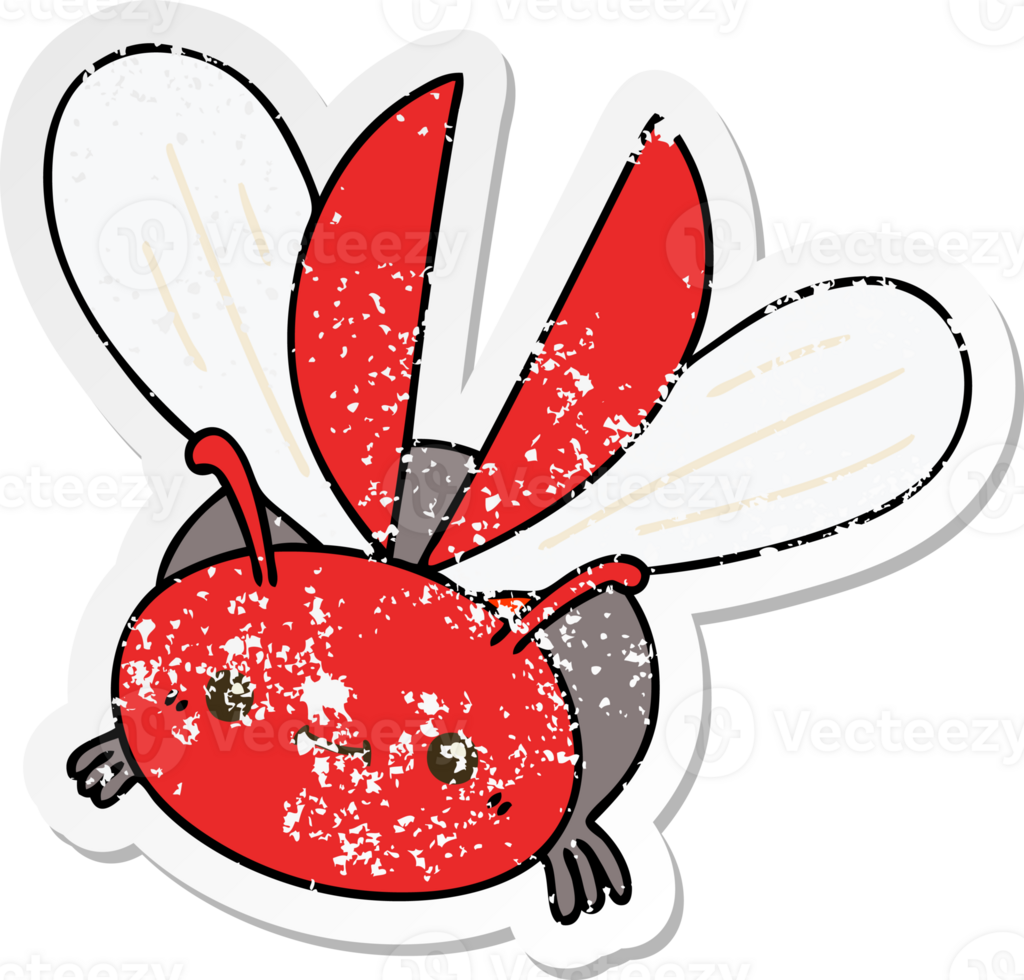 distressed sticker of a quirky hand drawn cartoon flying beetle png