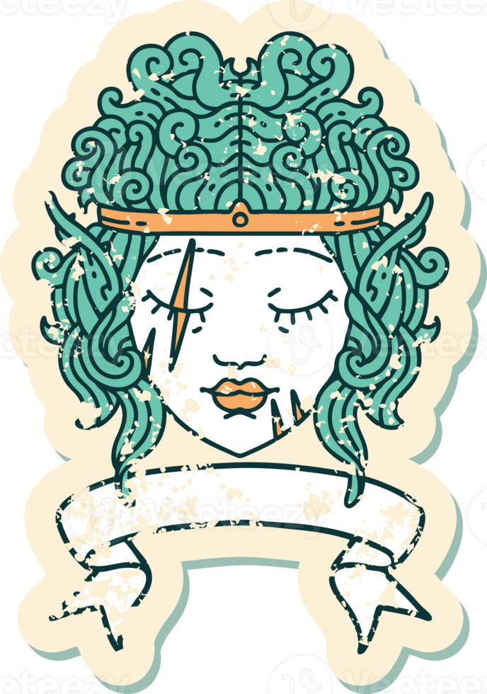 Retro Tattoo Style elf barbarian character face with banner png