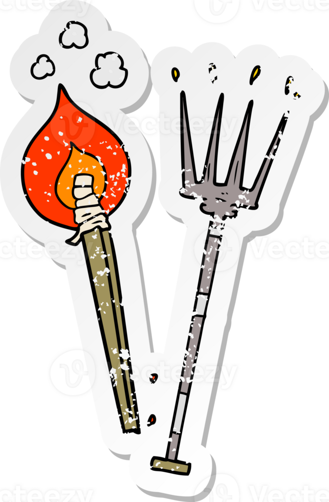 distressed sticker of a cartoon pitchfork and burning brand png