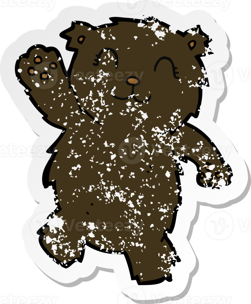 retro distressed sticker of a cartoon waving black bear png