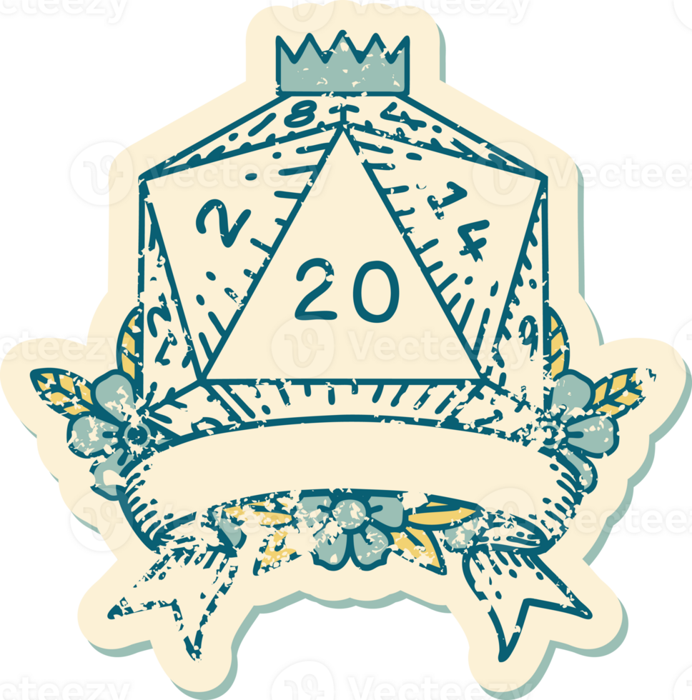 Retro Tattoo Style natural 20 critical hit D20 dice roll png