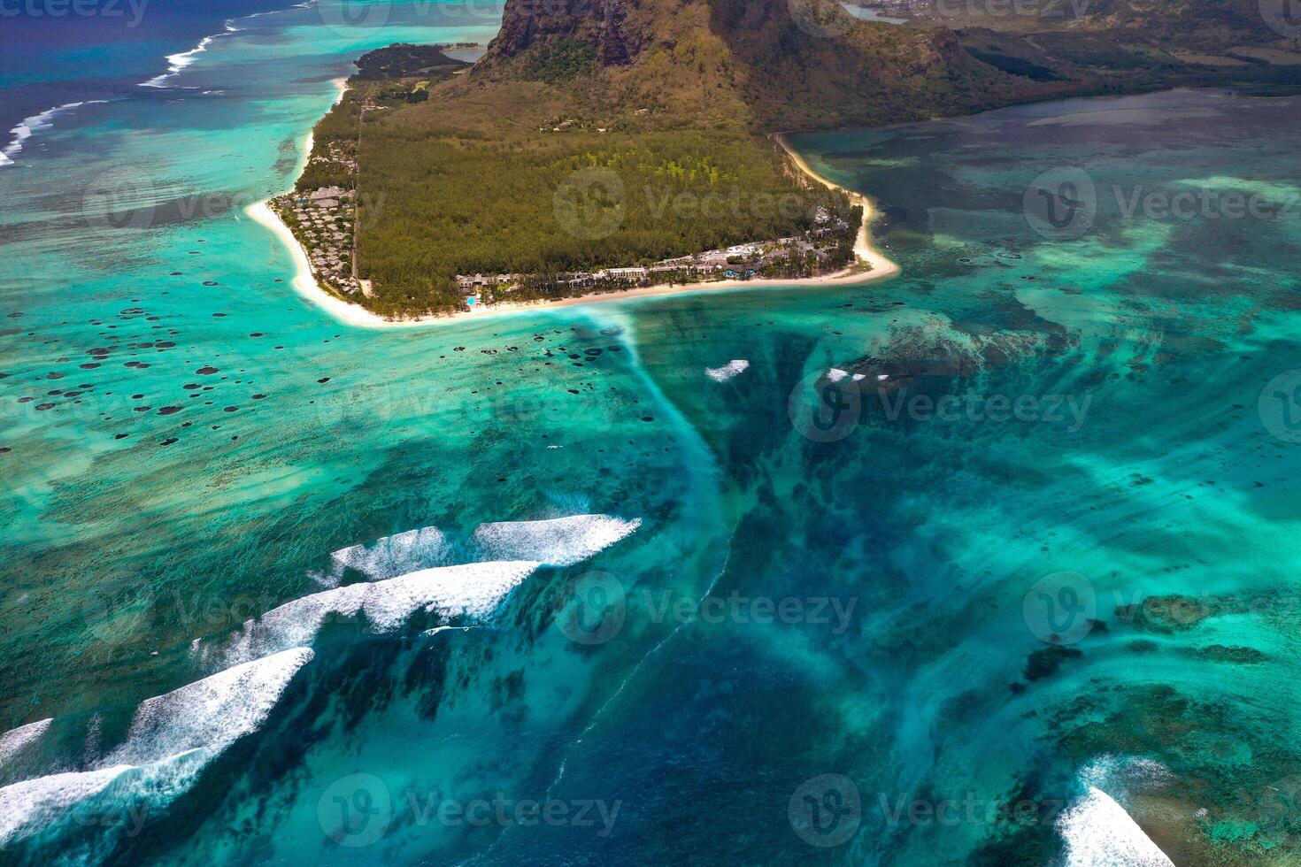 View from the height of the island of Mauritius in the Indian Ocean and the beach of Le Morne-Brabant photo