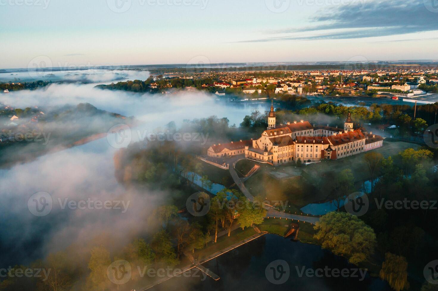 Nesvizh castle is a residential castle of the Radziwill family in Nesvizh, Belarus, with a beautiful view from above at dawn photo