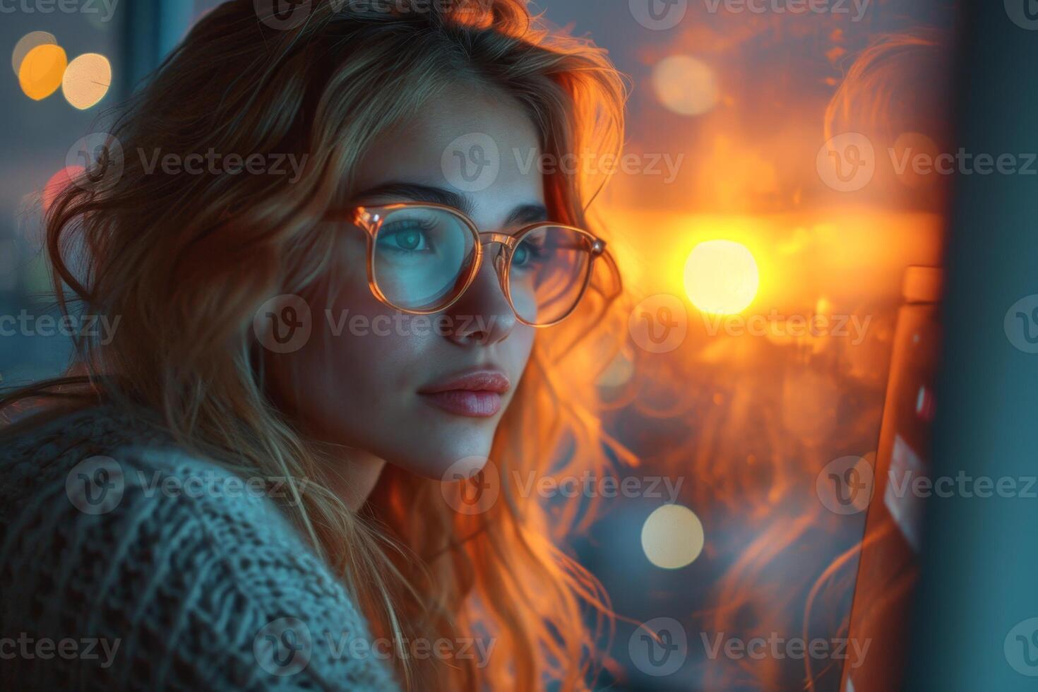 AI generated Portrait of a young girl working at home at a computer by the window at sunset. The concept of a freelancer photo
