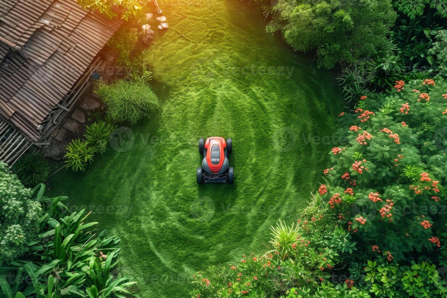 AI generated A robotic lawn mower stands on the lawn near the house at sunset photo