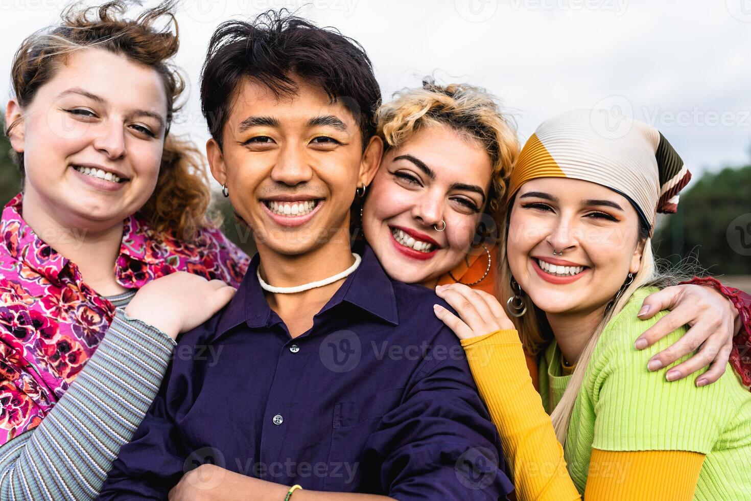 Happy young diverse friends having fun hanging out together - Youth people millennial generation concept photo