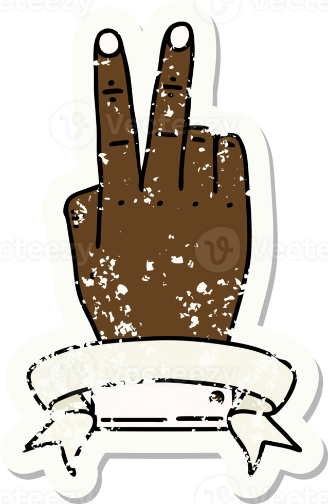 Retro Tattoo Style victory v hand gesture with banner png