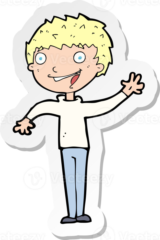 sticker of a cartoon happy boy waving png