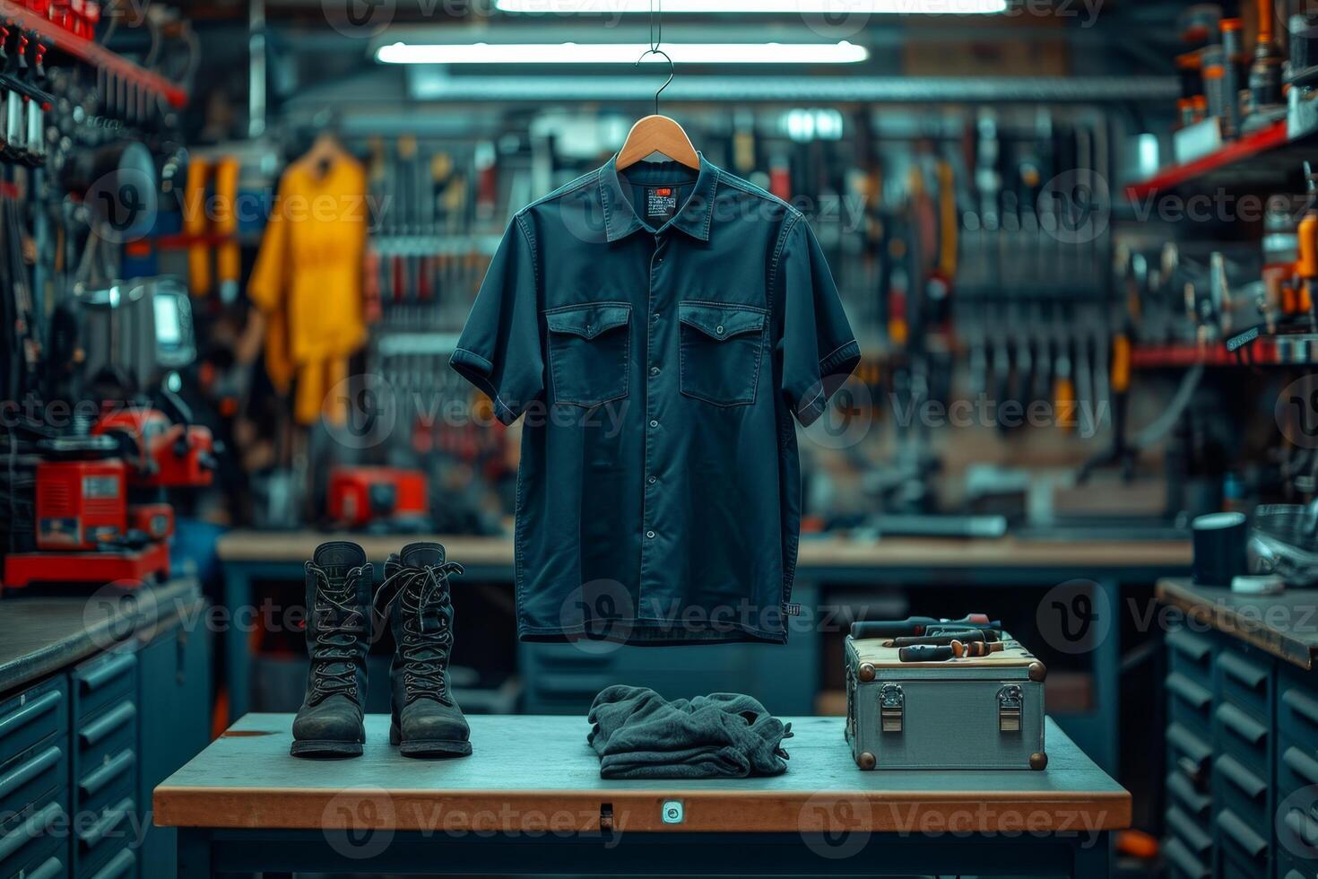 AI generated A set of special work clothes is hanging on a hanger in the room photo
