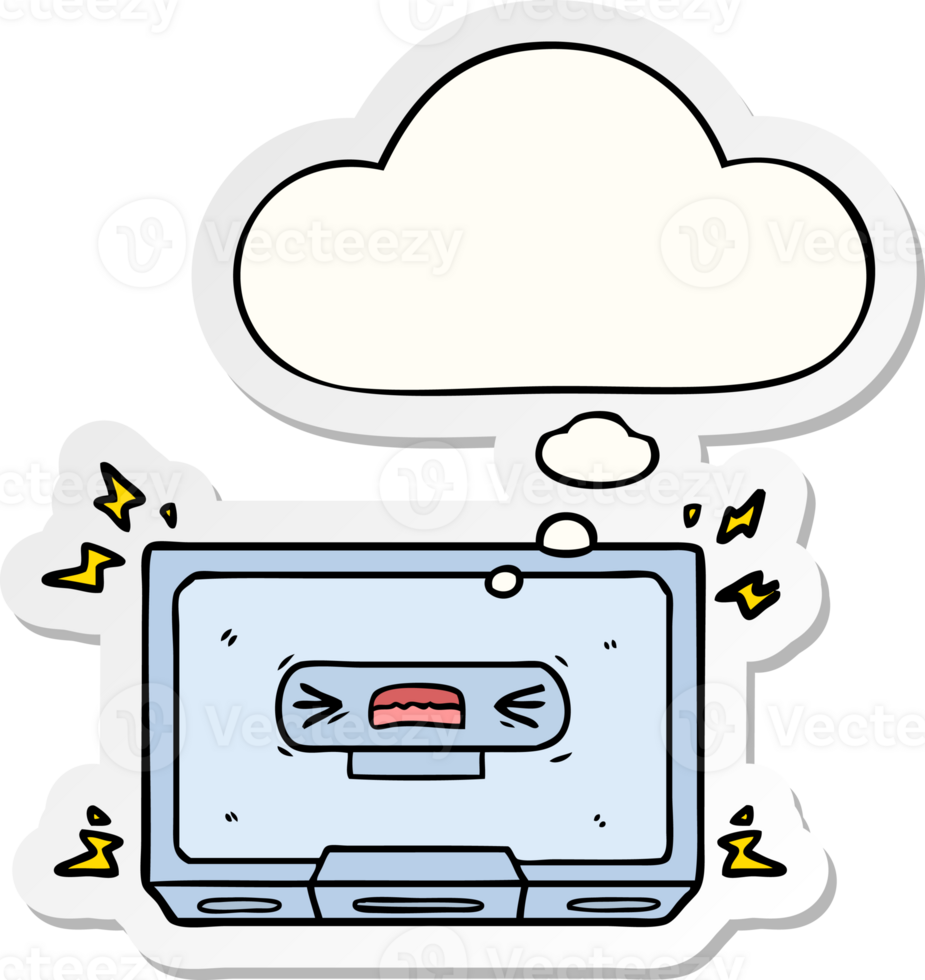 cartoon angry old cassette tape with thought bubble as a printed sticker png
