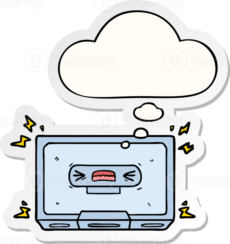 cartone animato arrabbiato vecchio cassetta nastro con pensato bolla come un' stampato etichetta png