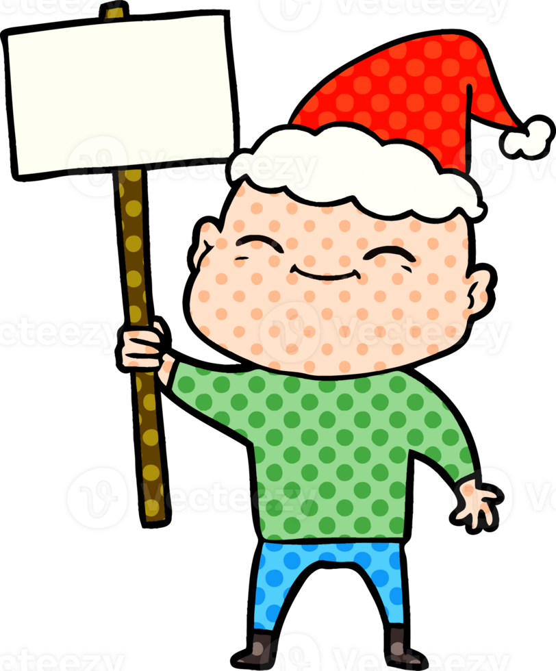 happy hand drawn comic book style illustration of a bald man wearing santa hat png