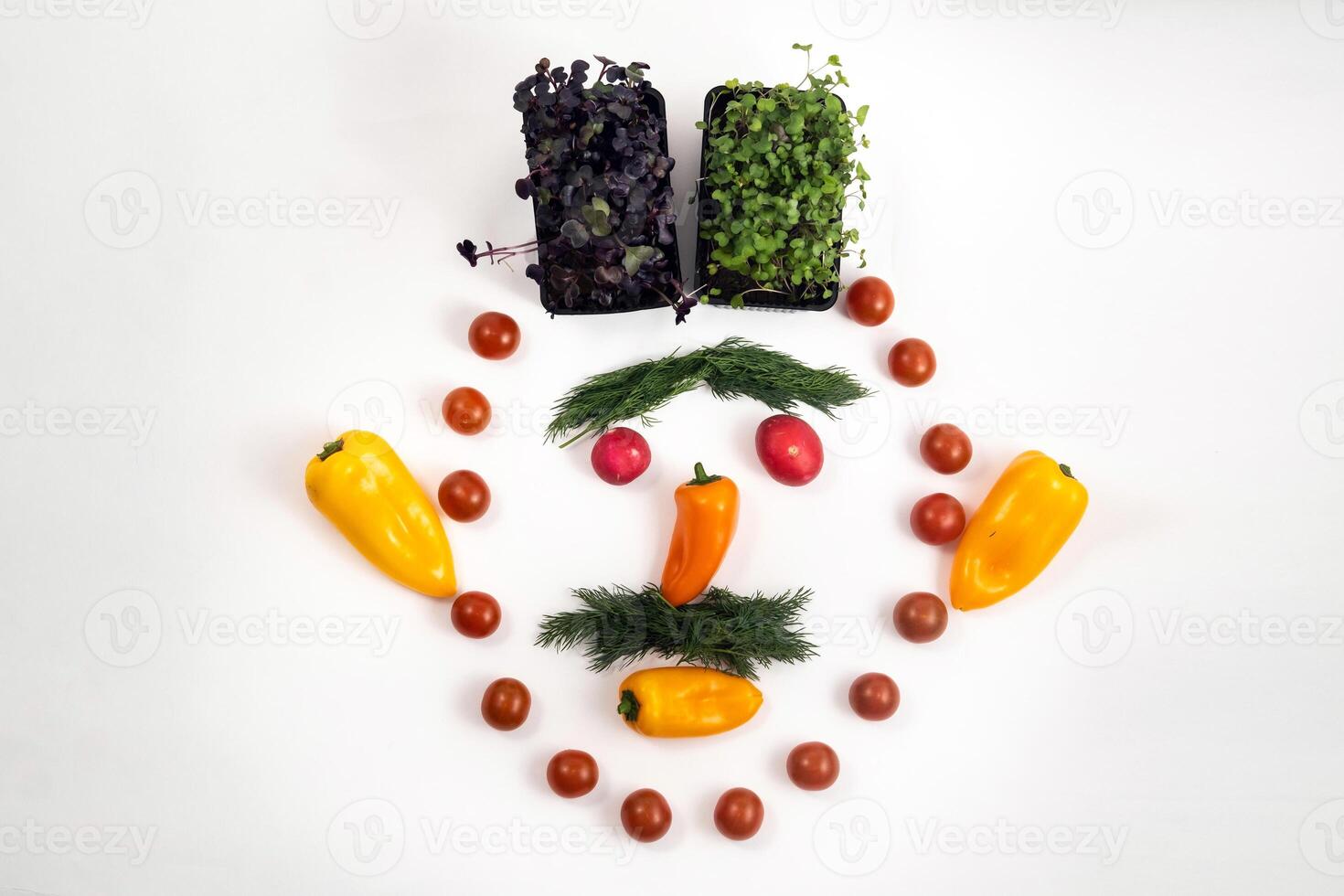 The face of a man made of sliced vegetables on a white background photo