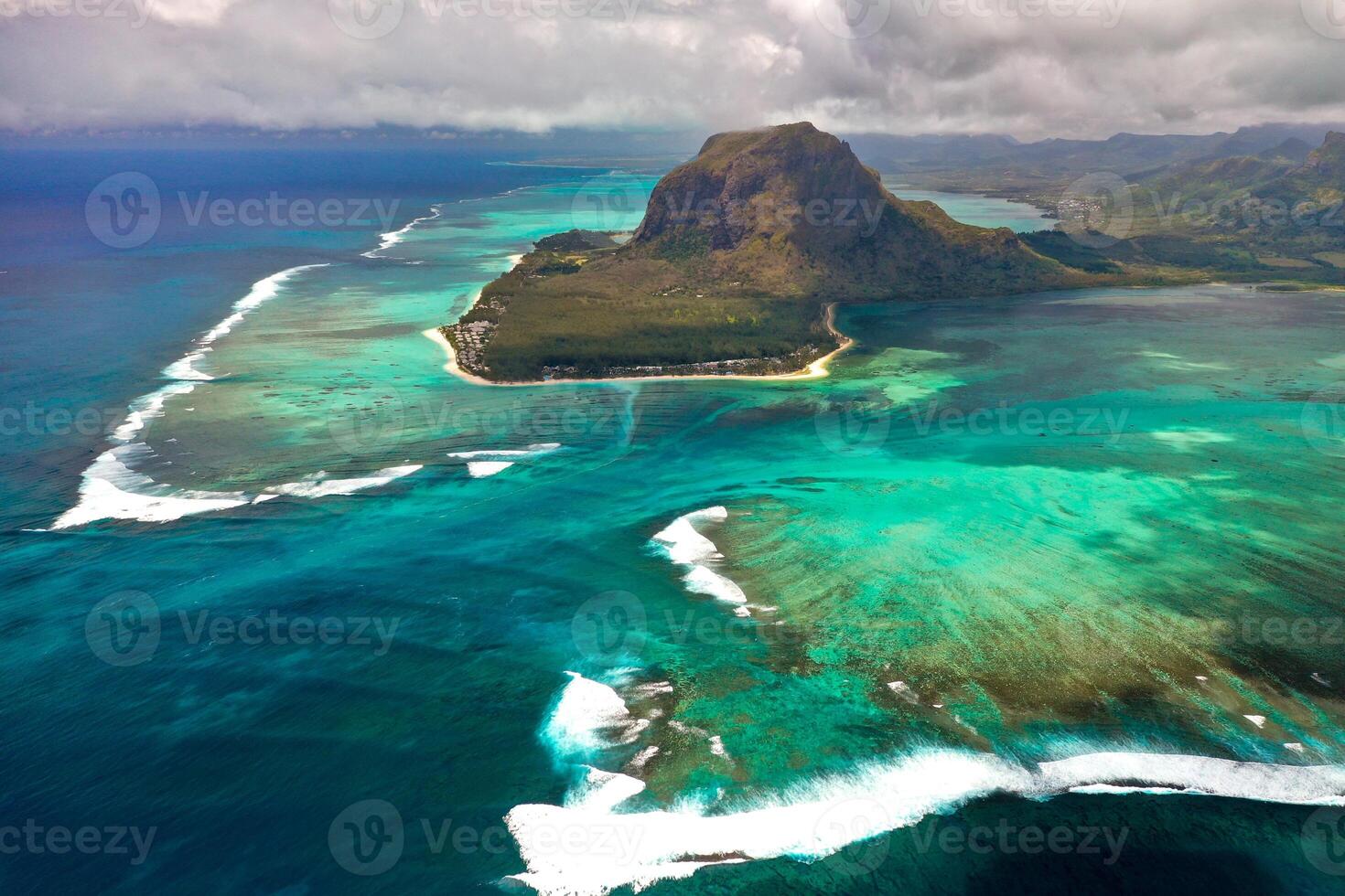 View from the height of the island of Mauritius in the Indian Ocean and the beach of Le Morne-Brabant photo