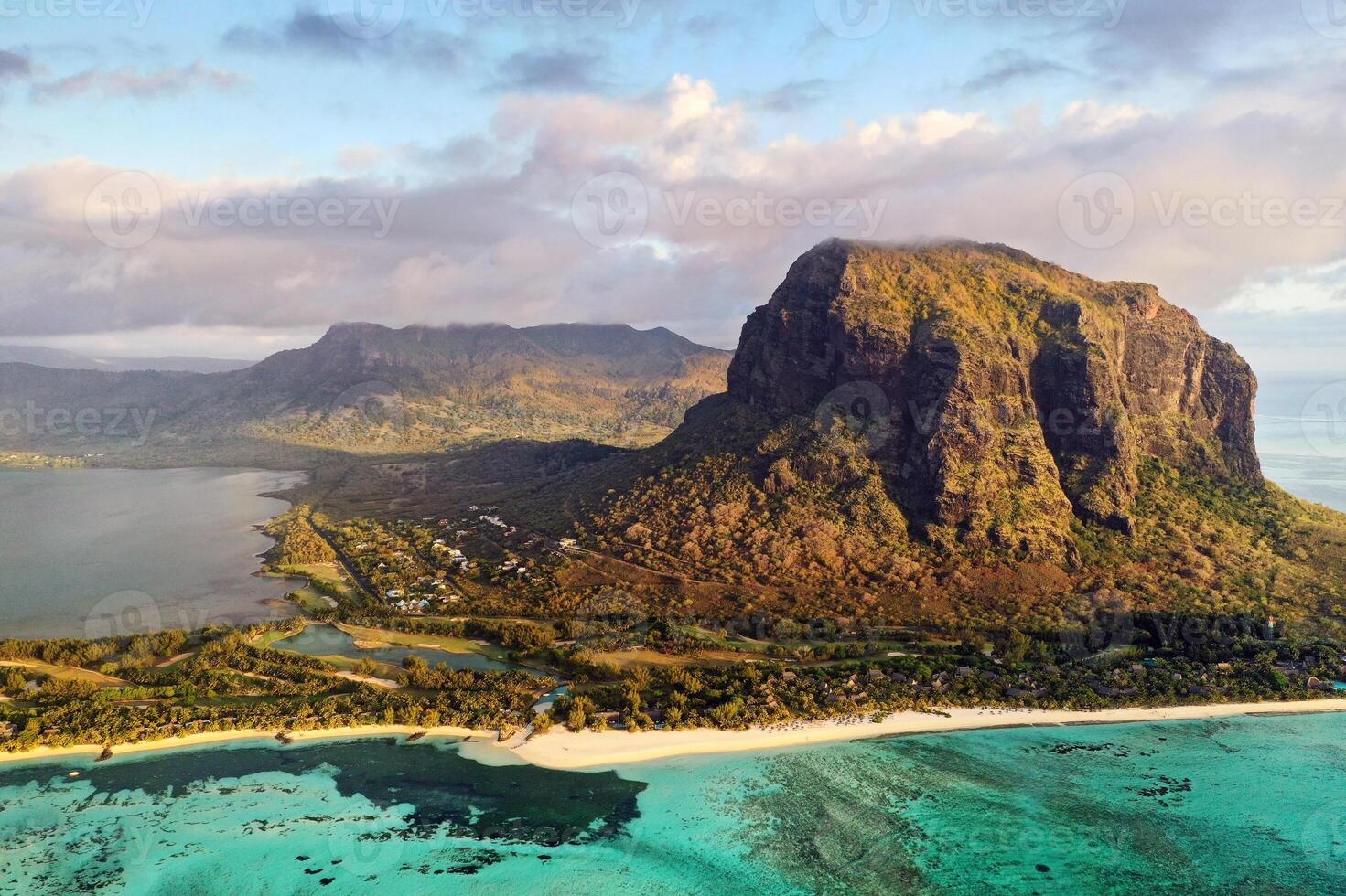 View from the height of the island of Mauritius in the Indian Ocean and the beach of Le Morne-Brabant photo