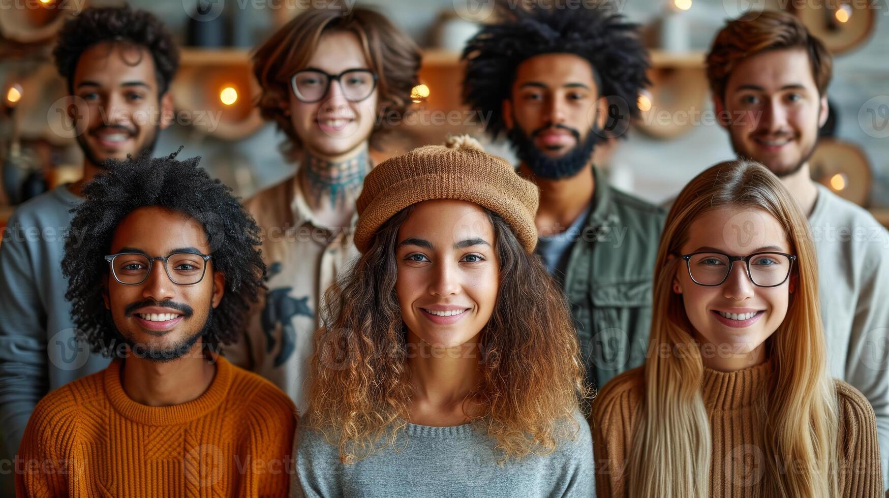 AI generated Portrait of a creative business team standing together and laughing. A group of cheerful people of different nationalities photo