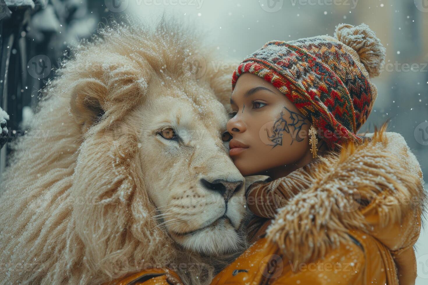 AI generated Beautiful fashionable young woman with a beautiful big lion photo
