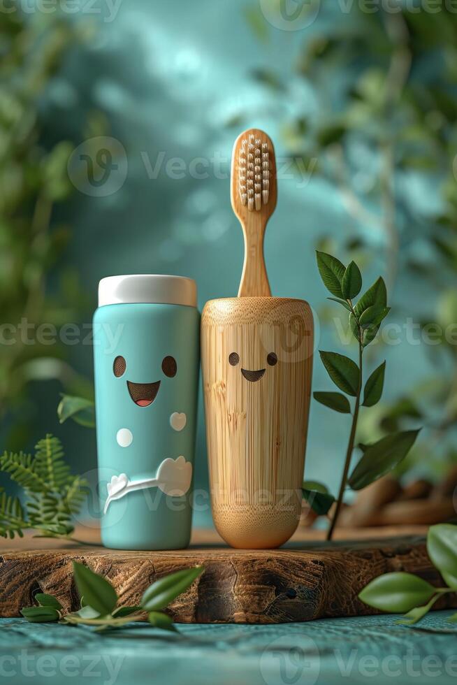 AI generated A set of organic oral care products with emoticons . Eco-friendly still life with bio toothpaste. The concept of natural oral hygiene photo