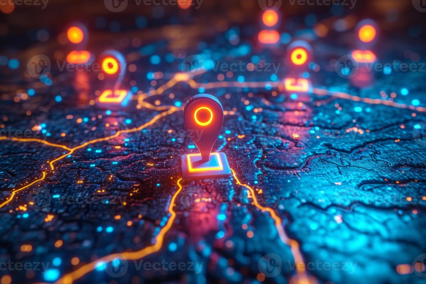 AI generated Macro photography of placemarks over the main capitals of the European continent. A map of Europe in neon light with markers. 3d illustration photo