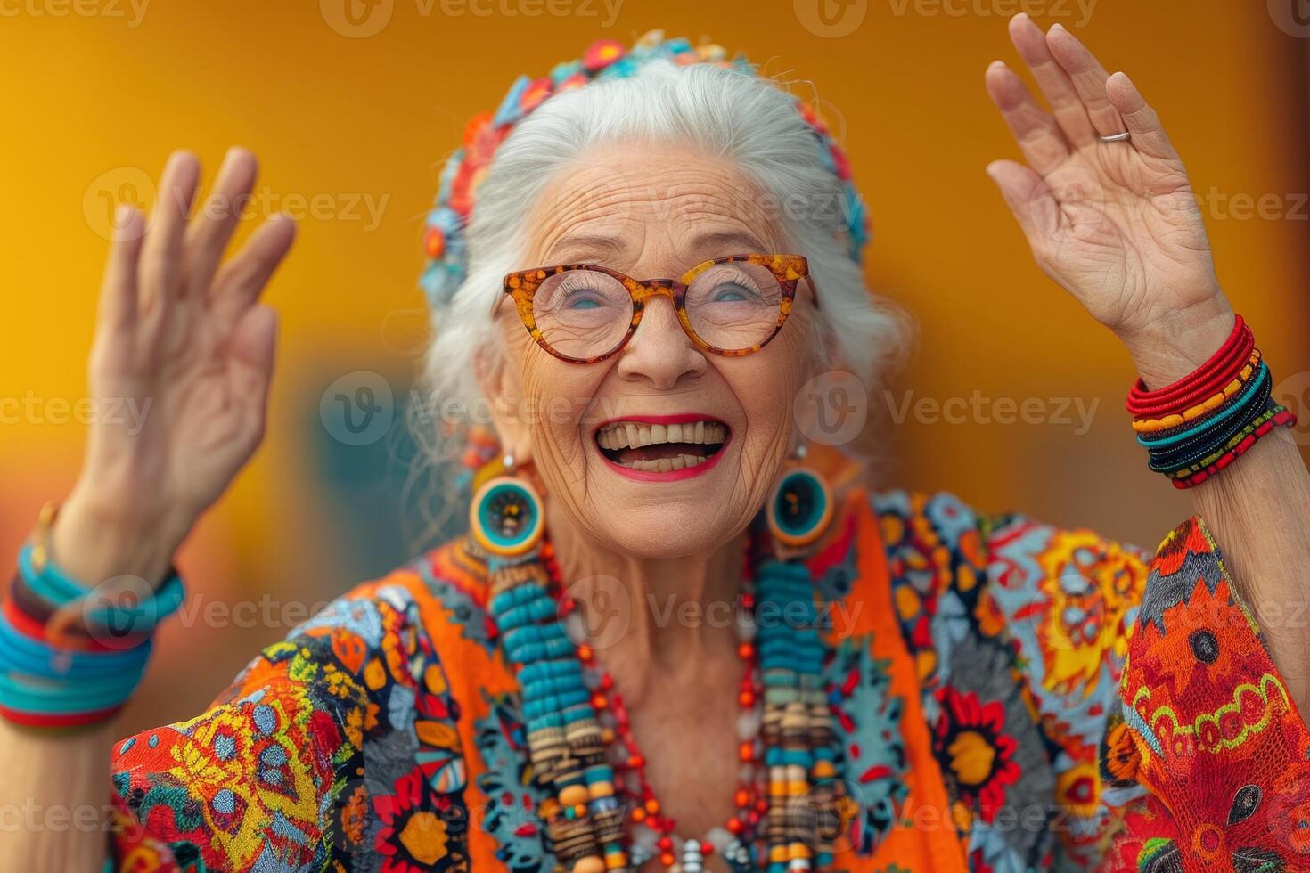 AI generated A happy and playful elderly woman in colored clothes on a yellow background photo