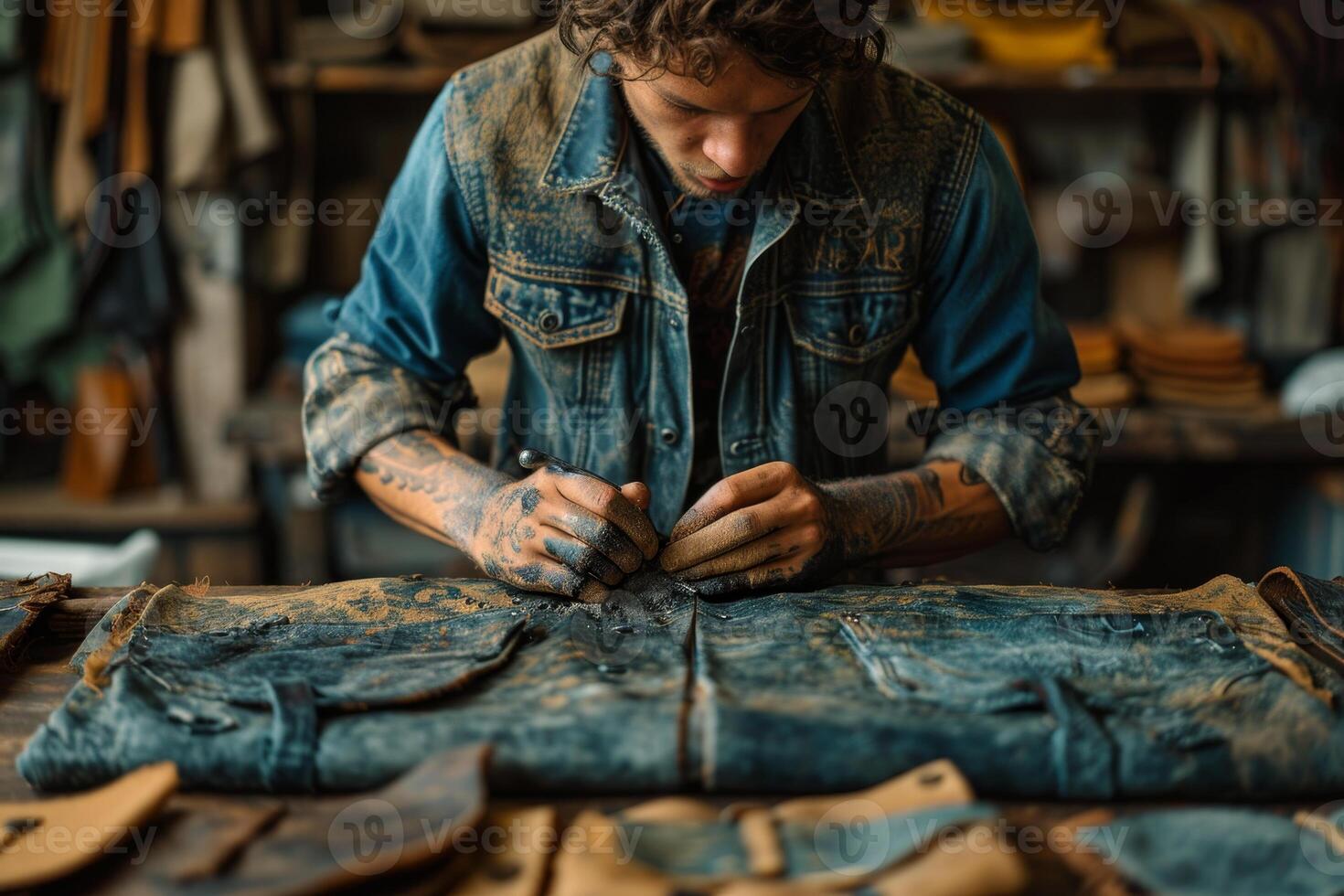 AI generated A male shoemaker working with leather fabric in his workshop photo
