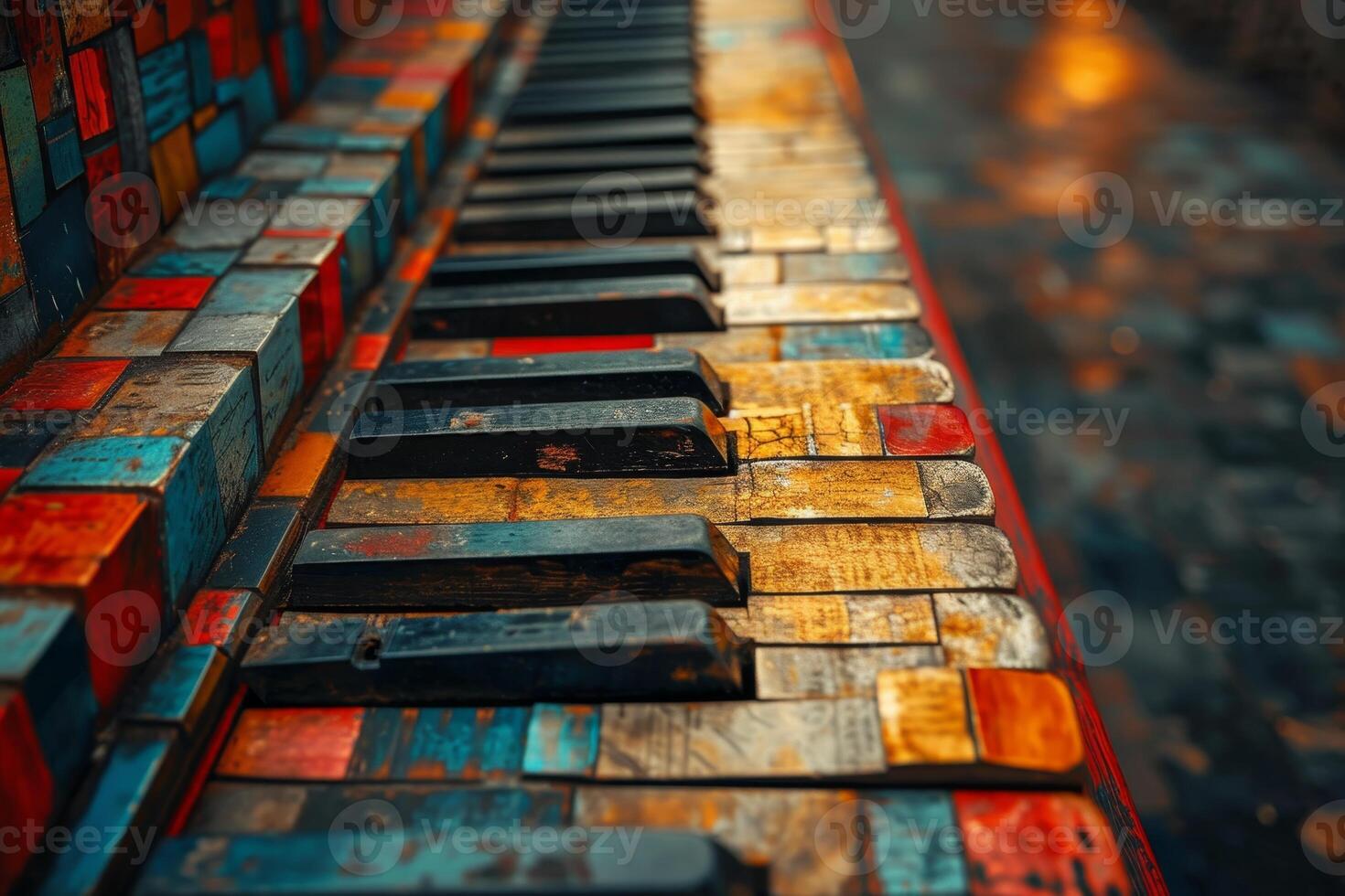 AI generated Close-up of the colorful keys of an old piano photo